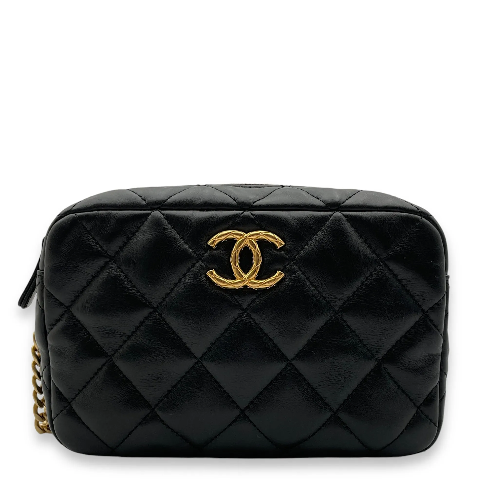 All Slide Camera Black Crossbody Bag in Lambskin, Gold hardware