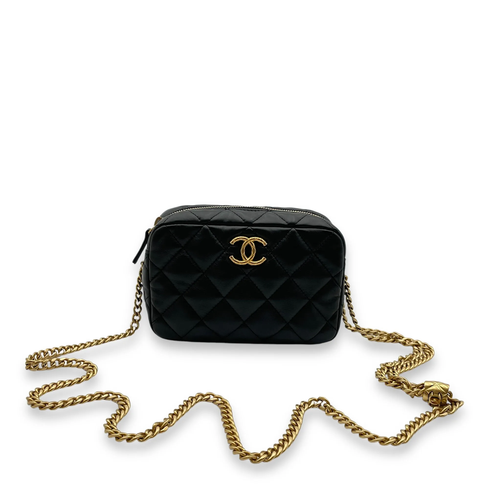 All Slide Camera Black Crossbody Bag in Lambskin, Gold hardware