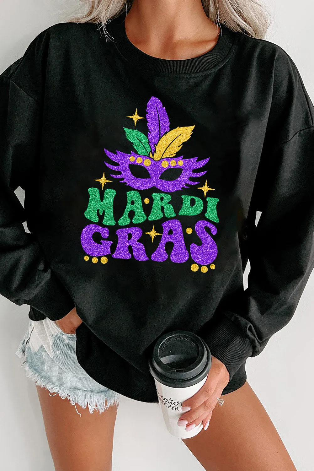 Black Heat Transfer MARDI GRAS Mask Printed Sweatshirt