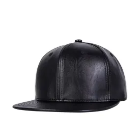 Daudet Black Leather Snapback Cap