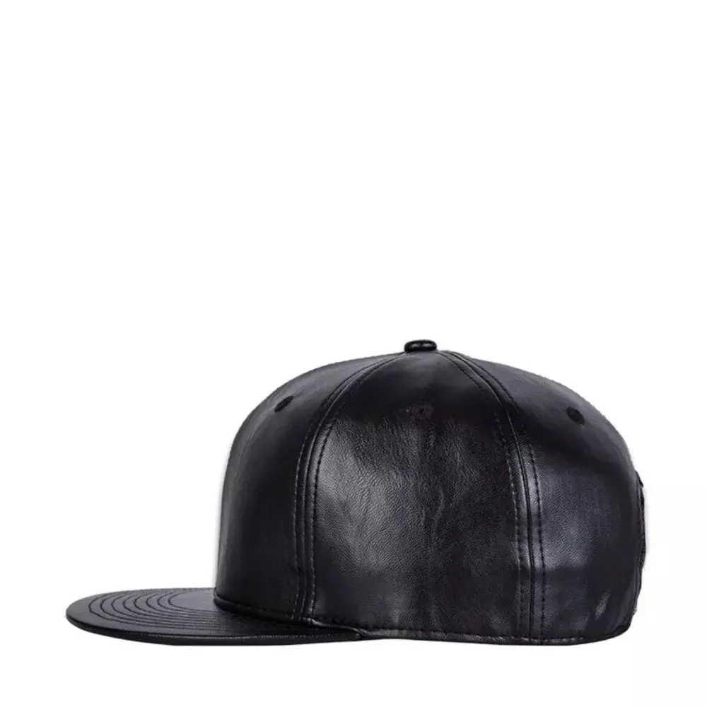 Daudet Black Leather Snapback Cap