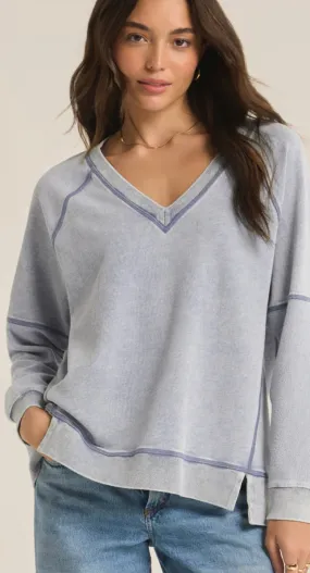 Easy V-Neck Knit Denim Sweatshirt