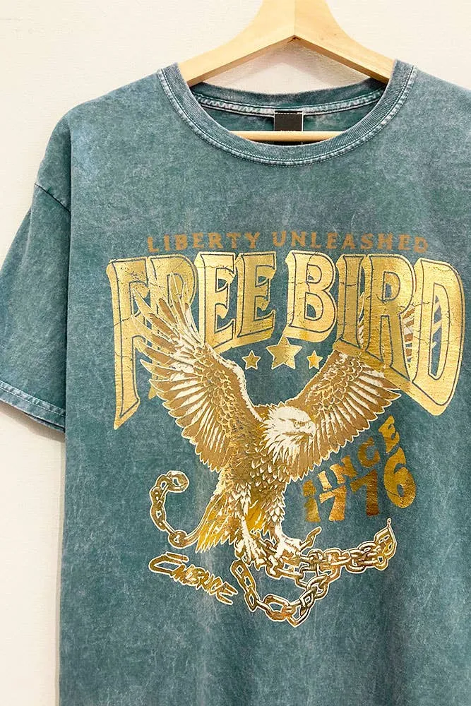 Free Bird Gold-Foil Mineral-Tee : SILVER PINE / OVERSIZED / SM