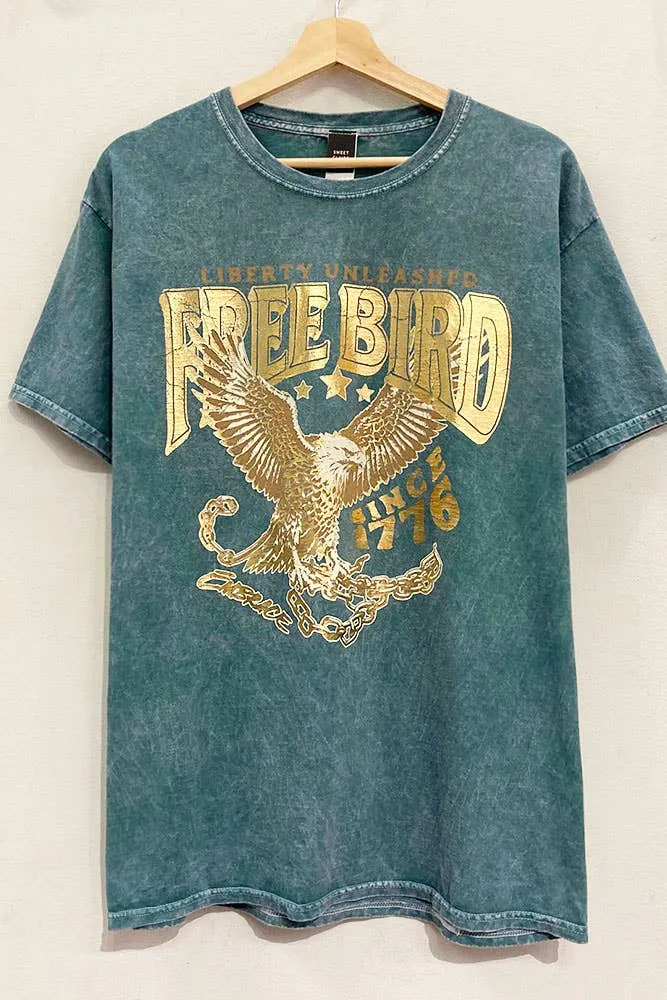 Free Bird Gold-Foil Mineral-Tee : SILVER PINE / OVERSIZED / SM