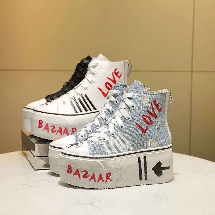 JENNIFER BAZAAR DENIM GRAFFITI CHUNKY SOLE HIGH TOP SNEAKER