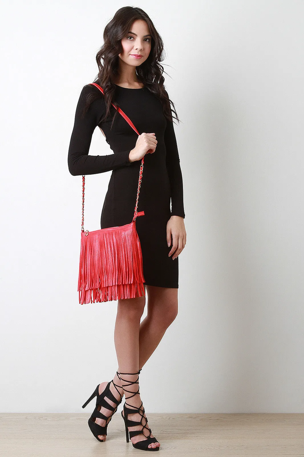 Layered Fringe Chained Crossbody Bag