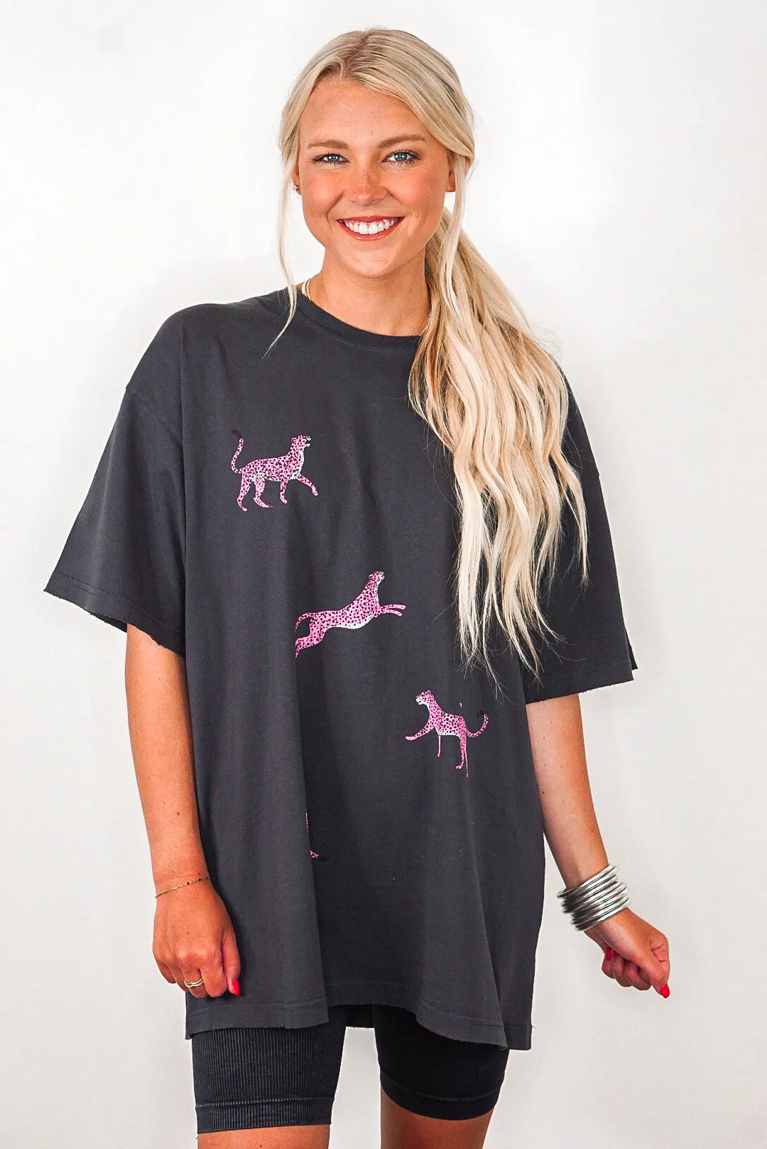 Pink Cheetah Print Black Oversized Tee