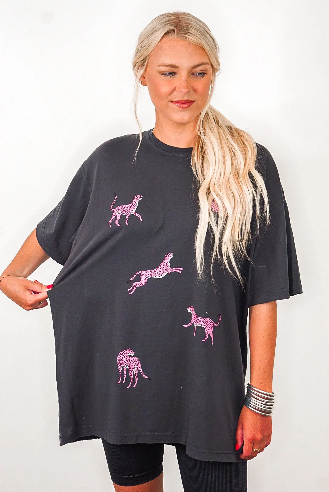 Pink Cheetah Print Black Oversized Tee