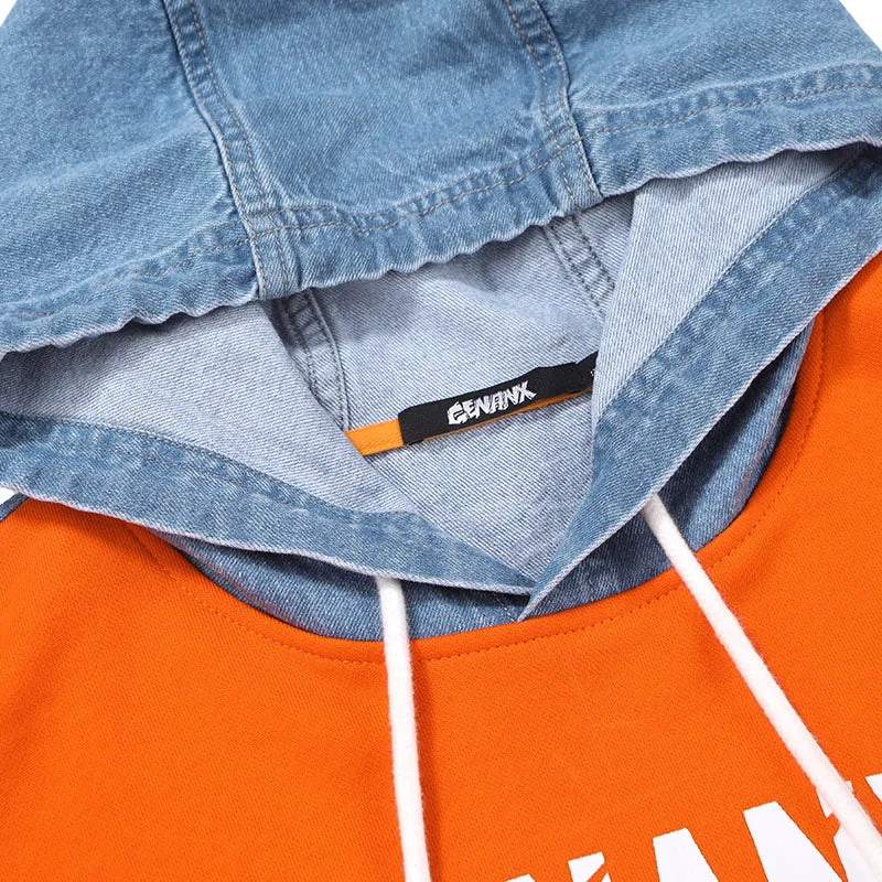 Safari Style Color Block Patchwork Denim Pocket Hoodies