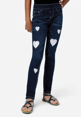 Sequin-Accent Heart Jean Leggings