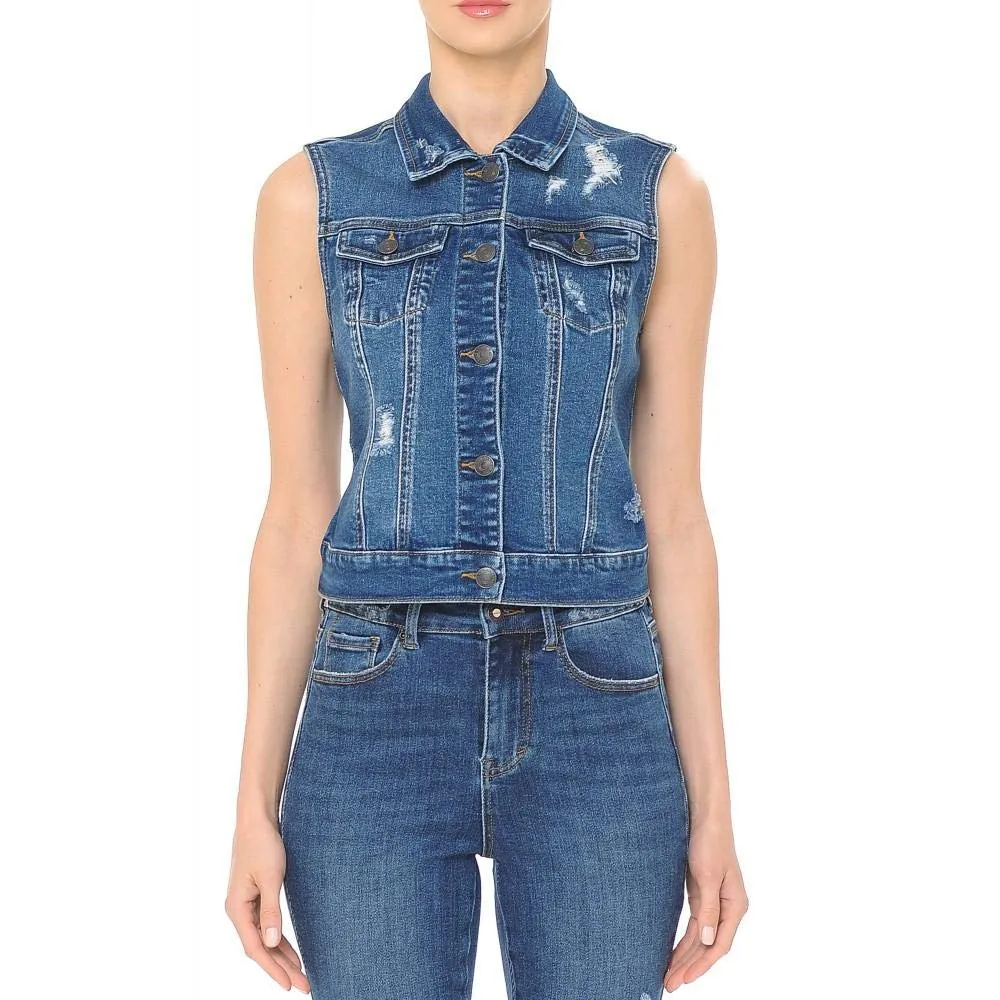 Women Stretch Destructed Distressed Denim Vest