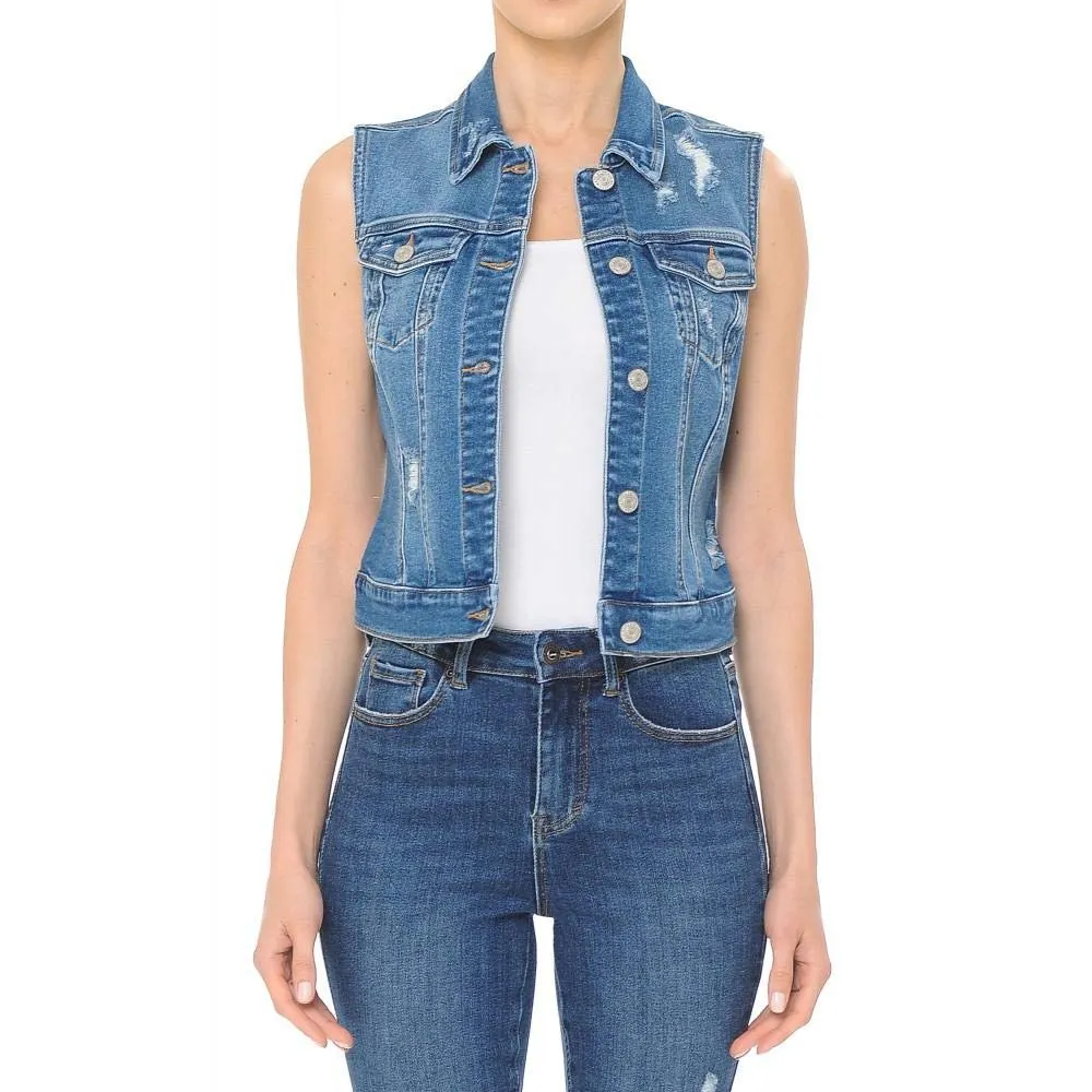 Women Stretch Destructed Distressed Denim Vest