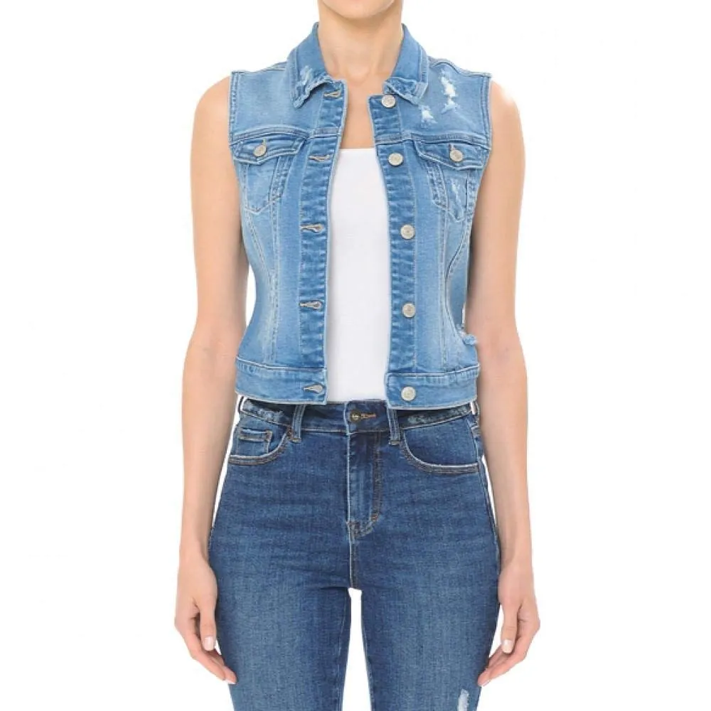 Women Stretch Destructed Distressed Denim Vest